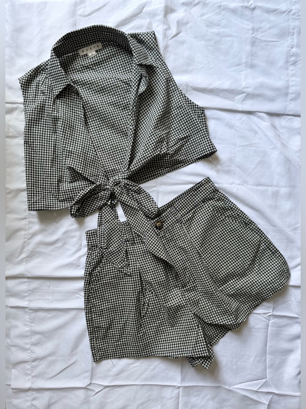 NWOT: Gingham Tie-Front Crop Top & High-Waist Shorts Set - Black & White